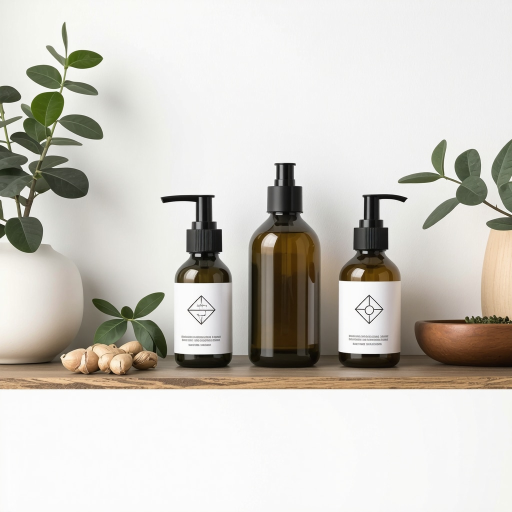 Minimalist bathroom shelf with organic grass-fed tallow skincare products and botanical elements symbolizing ethical clean beauty