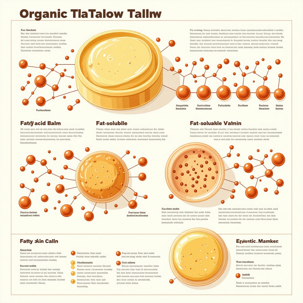 Scientific infographic depicting fatty acids and vitamins in organic tallow balm influencing neonatal skin epigenetics