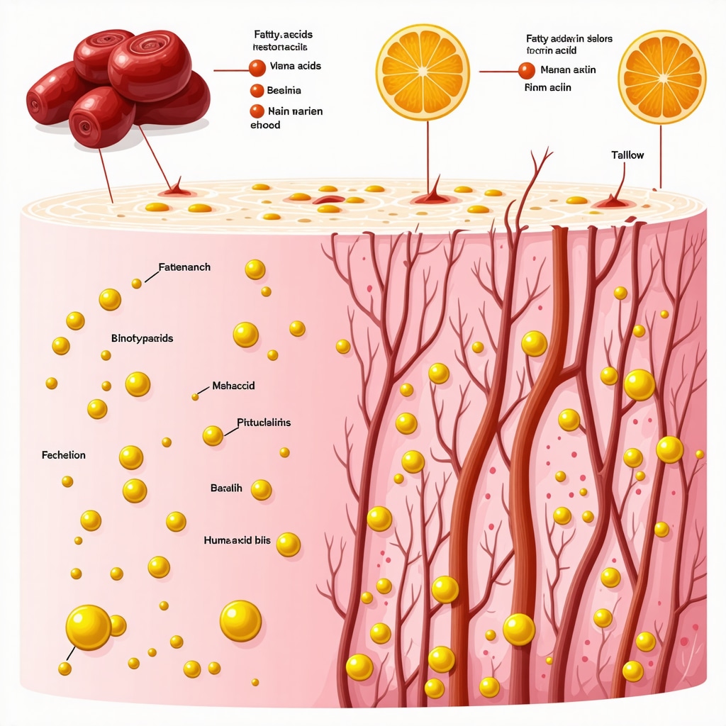 Infographic showing beef tallow's fatty acids and vitamins enhancing skin barrier function