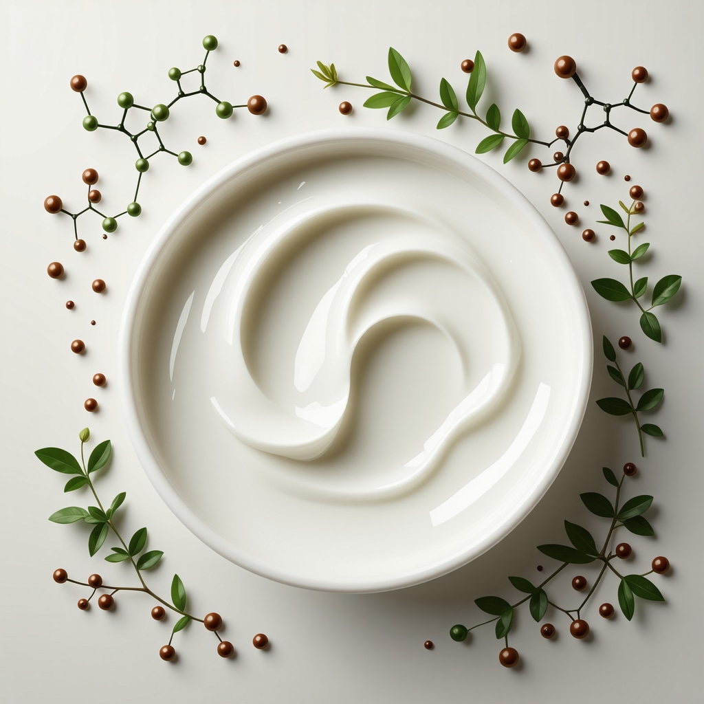 Close-up of grass-fed tallow cream with molecular overlays illustrating fatty acids beneficial for sensitive skin
