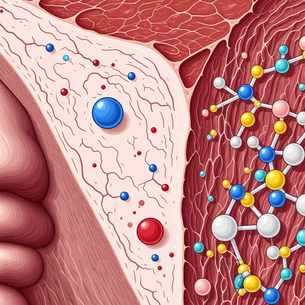 Illustration showing beef tallow fatty acids integrating into skin lipid matrix enhancing barrier restoration