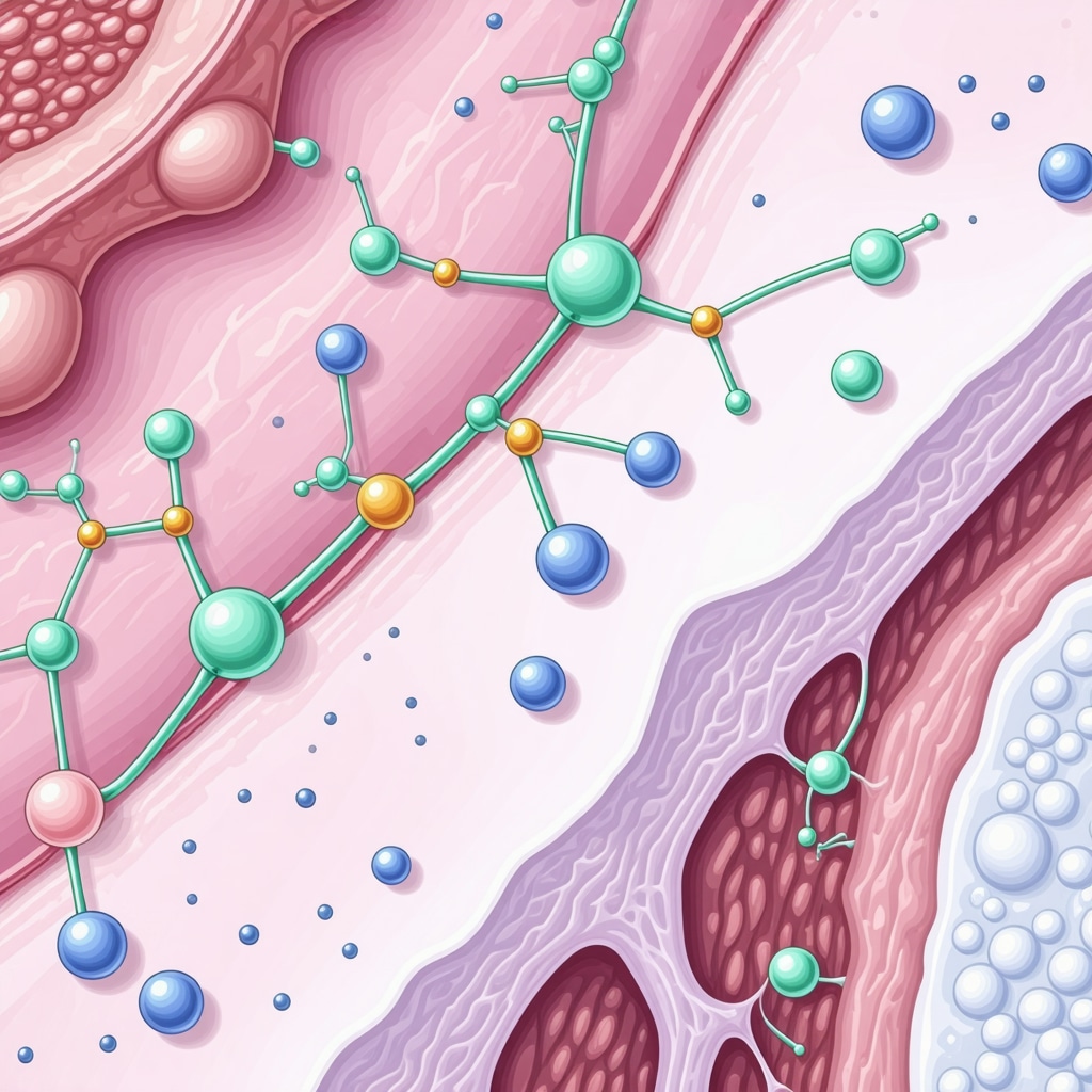 Diagram of beef tallow lipid molecules interacting with peptides and ceramides in skin layers illustrating barrier restoration and collagen synthesis