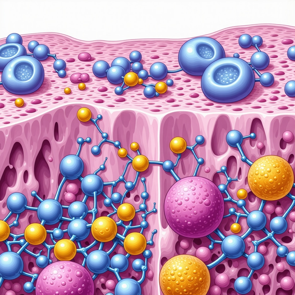 Scientific diagram of fatty acids and boswellic acids affecting skin cells for inflammation reduction and barrier repair