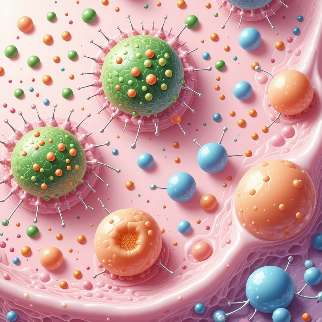 Molecular diagram depicting vitamins A and D from grass-fed tallow interacting with skin cells to modulate inflammation and oxidative stress