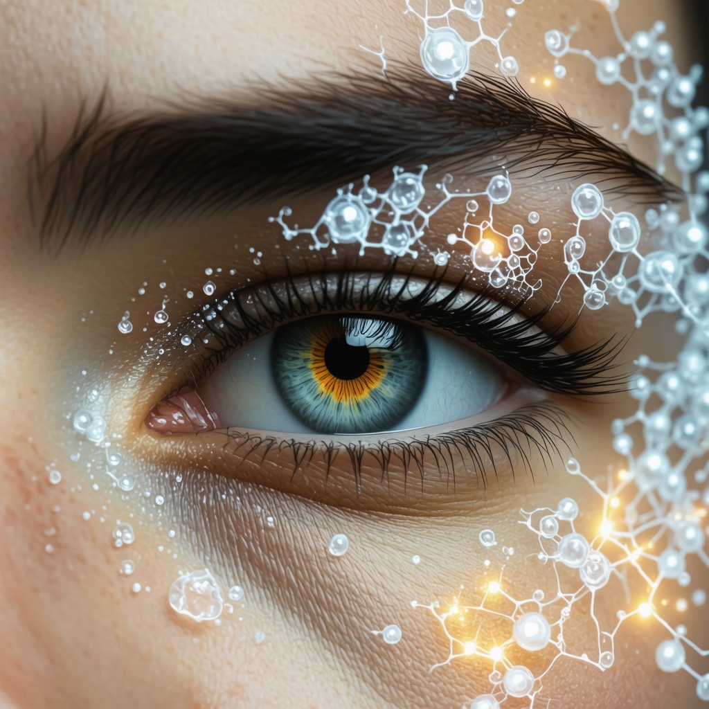 Graphic showing molecular fatty acid structures from organic tallow integrating with skin lipid bilayers under the eye