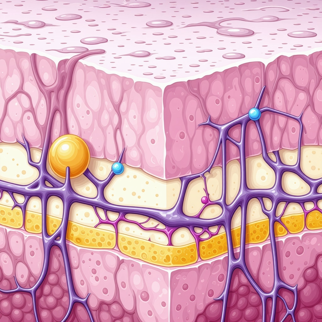 Illustration showing fatty acids from tallow balm integrating into skin layers to repair autoimmune skin barrier