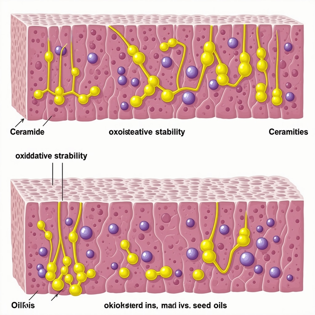 Molecular diagram illustrating tallow fatty acids bonding with skin ceramides and cholesterol enhancing barrier function