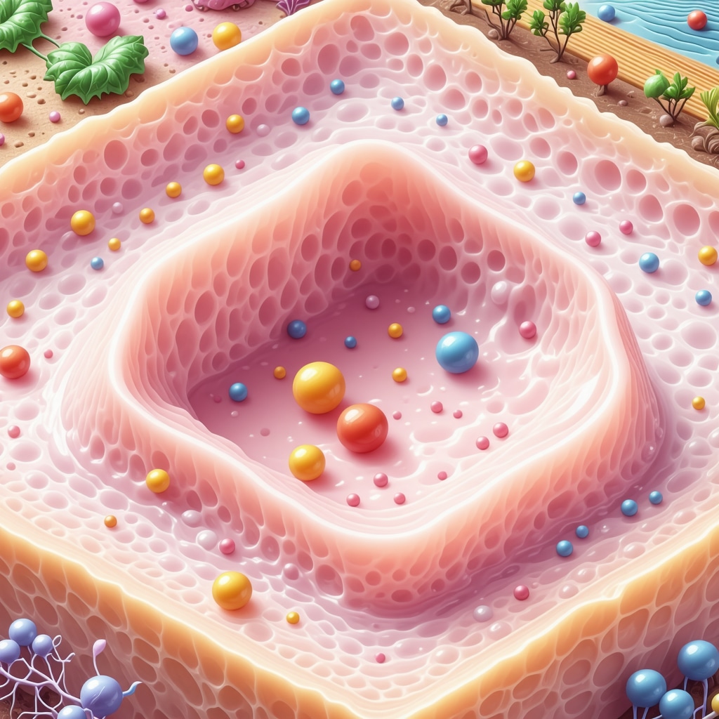 Illustration showing molecular structures of tallow fatty acids integrating with skin cells and microbiome balance alongside sustainable farming imagery