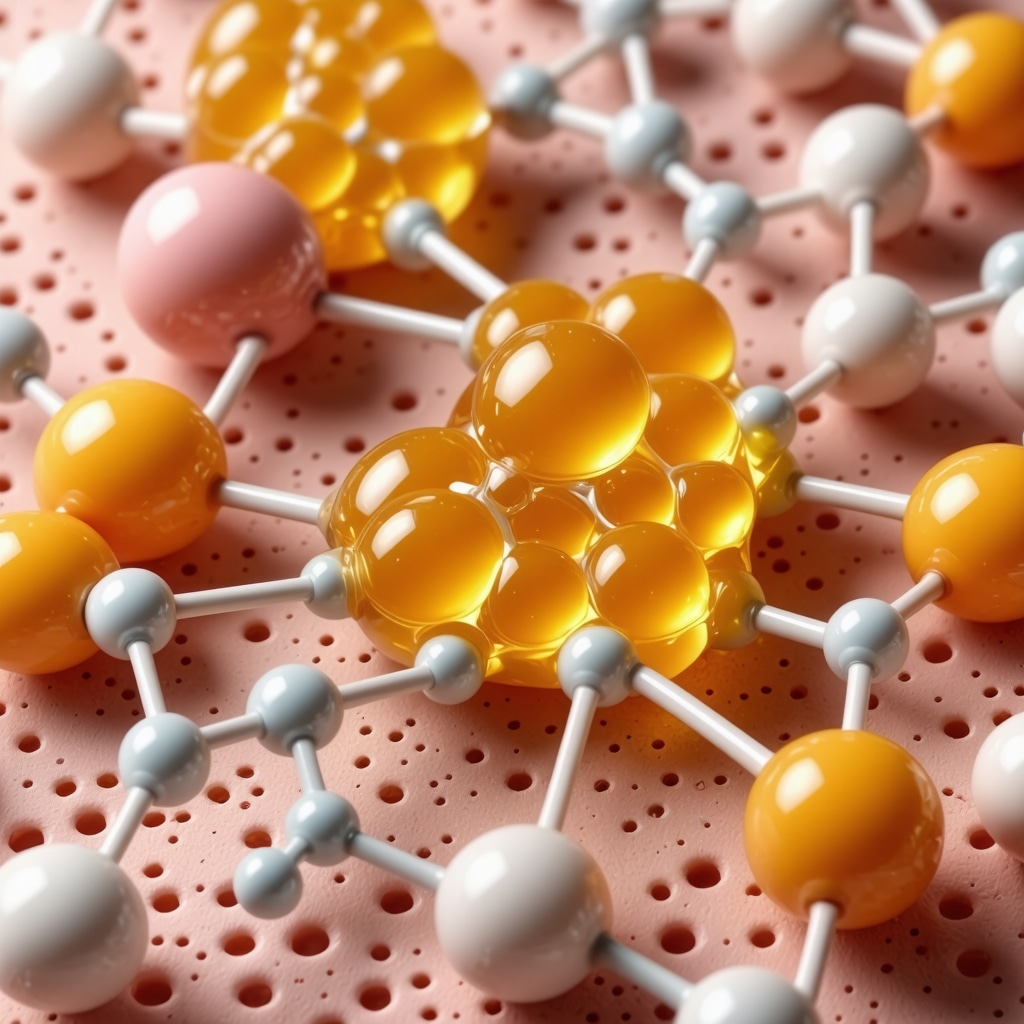 Scientific molecular illustration of fatty acid chains and botanical molecules in tallow balm enhancing skin barrier function