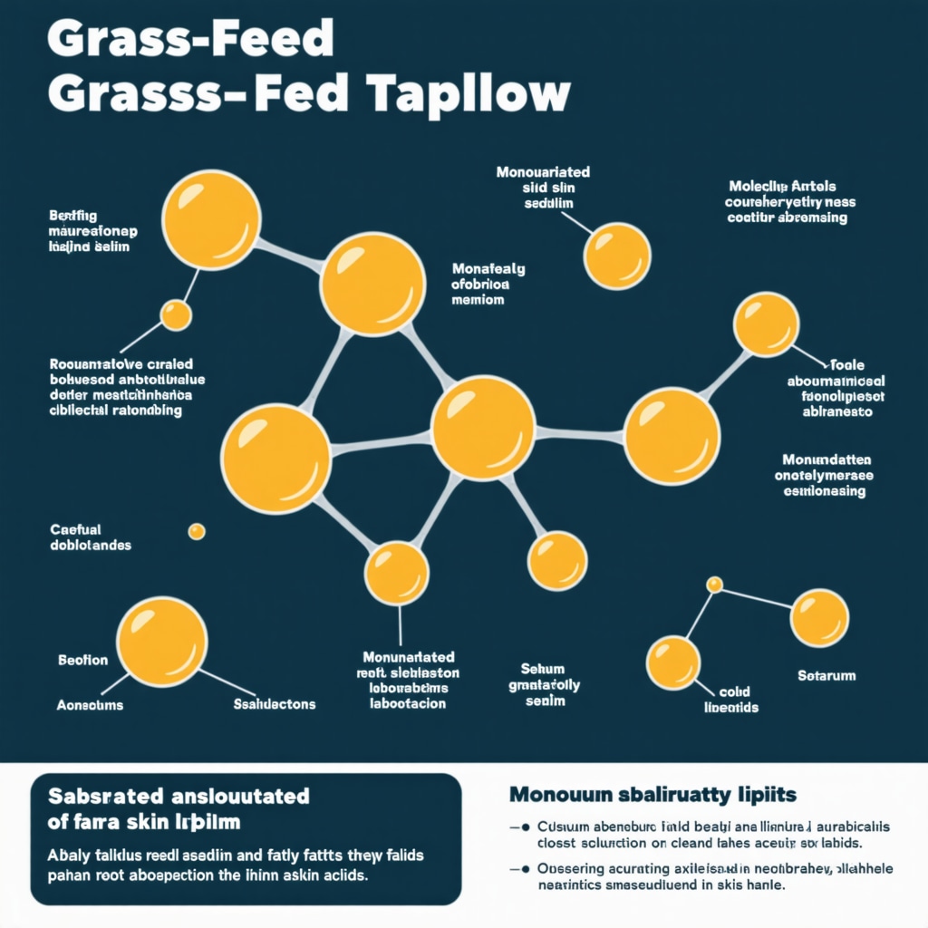 Infographic showing molecular similarities between grass-fed tallow lipids and human skin sebum with annotations
