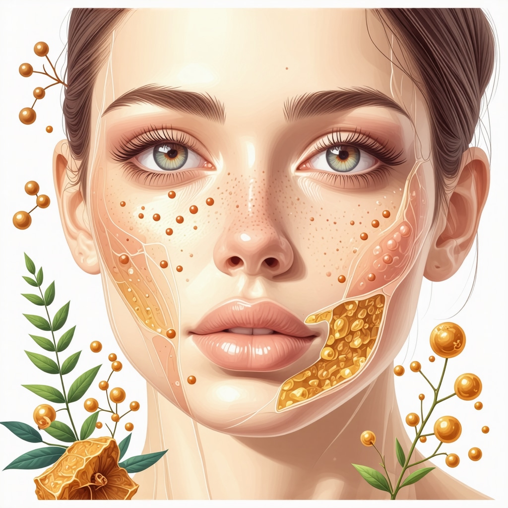 Scientific illustration of molecular interaction between organic tallow lipids and frankincense compounds within human skin layers