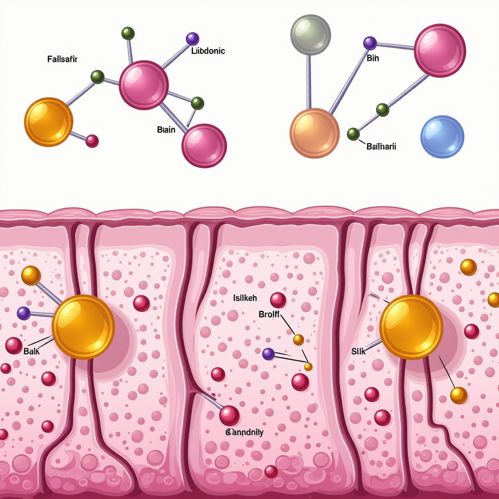 Scientific illustration of fatty acid molecules and microemulsion technology in unscented tallow cream for enhanced skin absorption