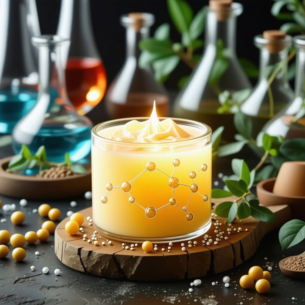 Visual representation of lipid molecular structures, tallow cream, natural ingredients, and blockchain icons highlighting sustainable and ethical skincare innovation