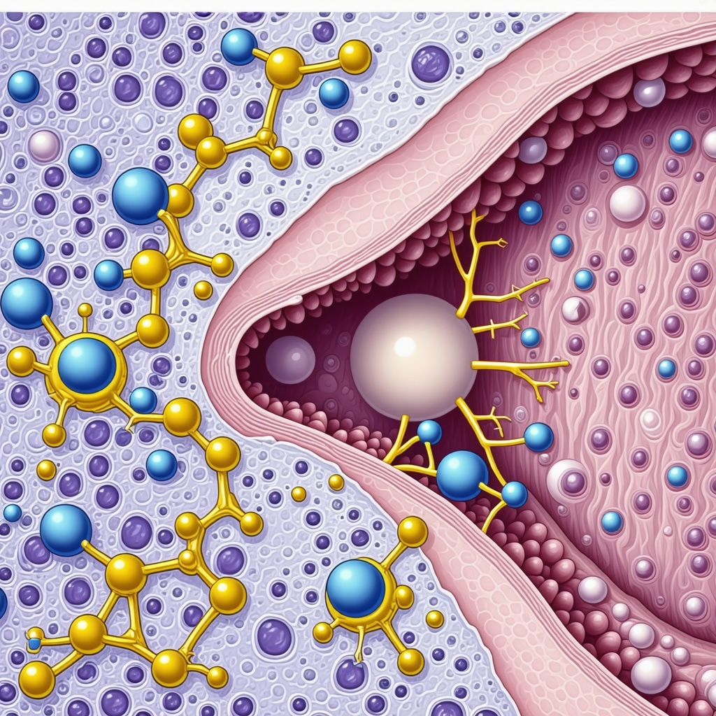 Scientific illustration of grass-fed tallow lipid molecules interacting with human skin cells enhancing barrier repair