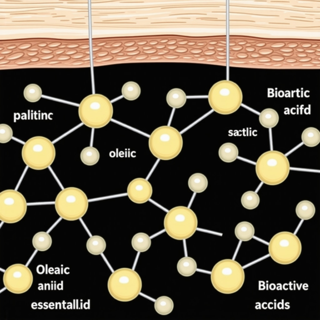 Diagram of fatty acids and essential oils interacting to enhance skin penetration in tallow cream