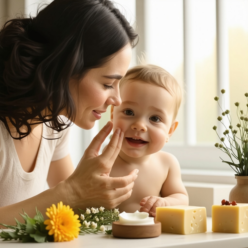 Mother gently applying organic tallow balm to her baby's cheeks in a cozy nursery setting with natural ingredients visible