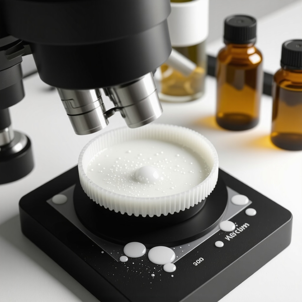 Laboratory image illustrating nanoemulsion droplets of organic tallow skin salve under microscope