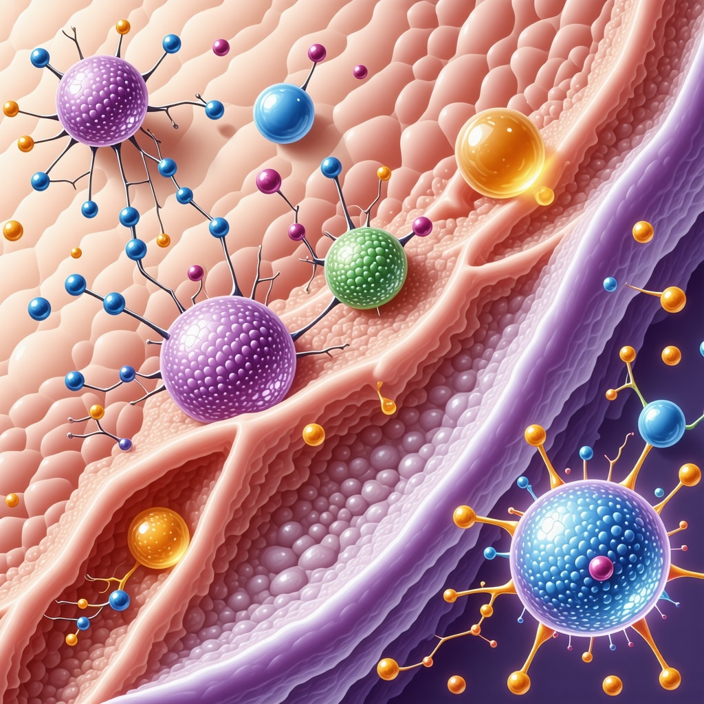 Molecular diagram of lipid nanoparticles carrying grass-fed tallow compounds interacting with skin cells illustrating epigenetic and barrier repair mechanisms