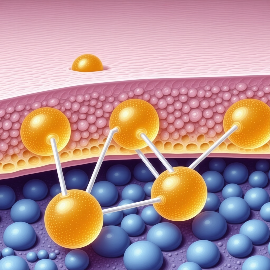 Diagram of nanostructured lipid carriers encapsulating low PUFA tallow interacting with skin layers