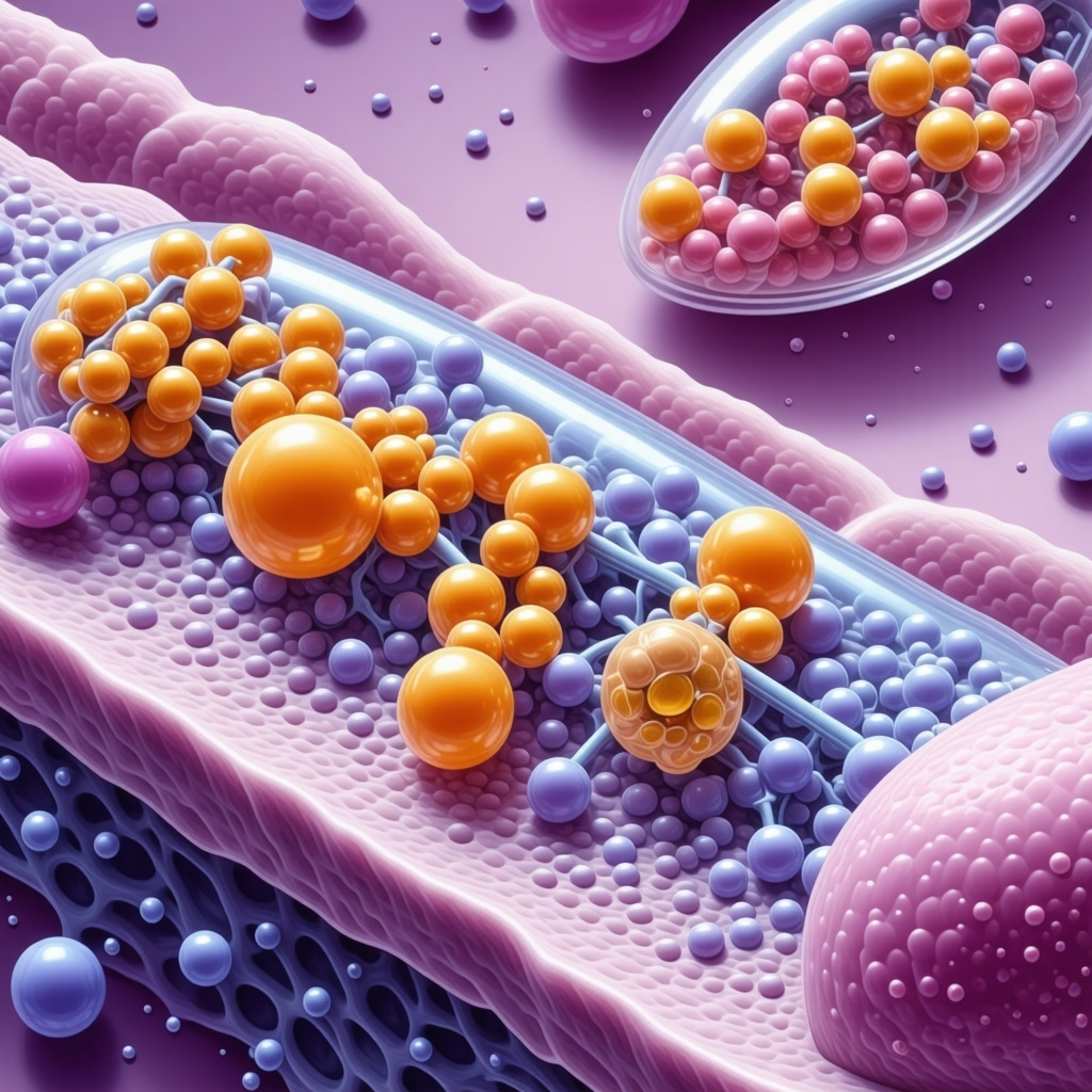 Scientific diagram of nanostructured lipid carriers encapsulating fatty acids penetrating skin layers and modulating microbiome