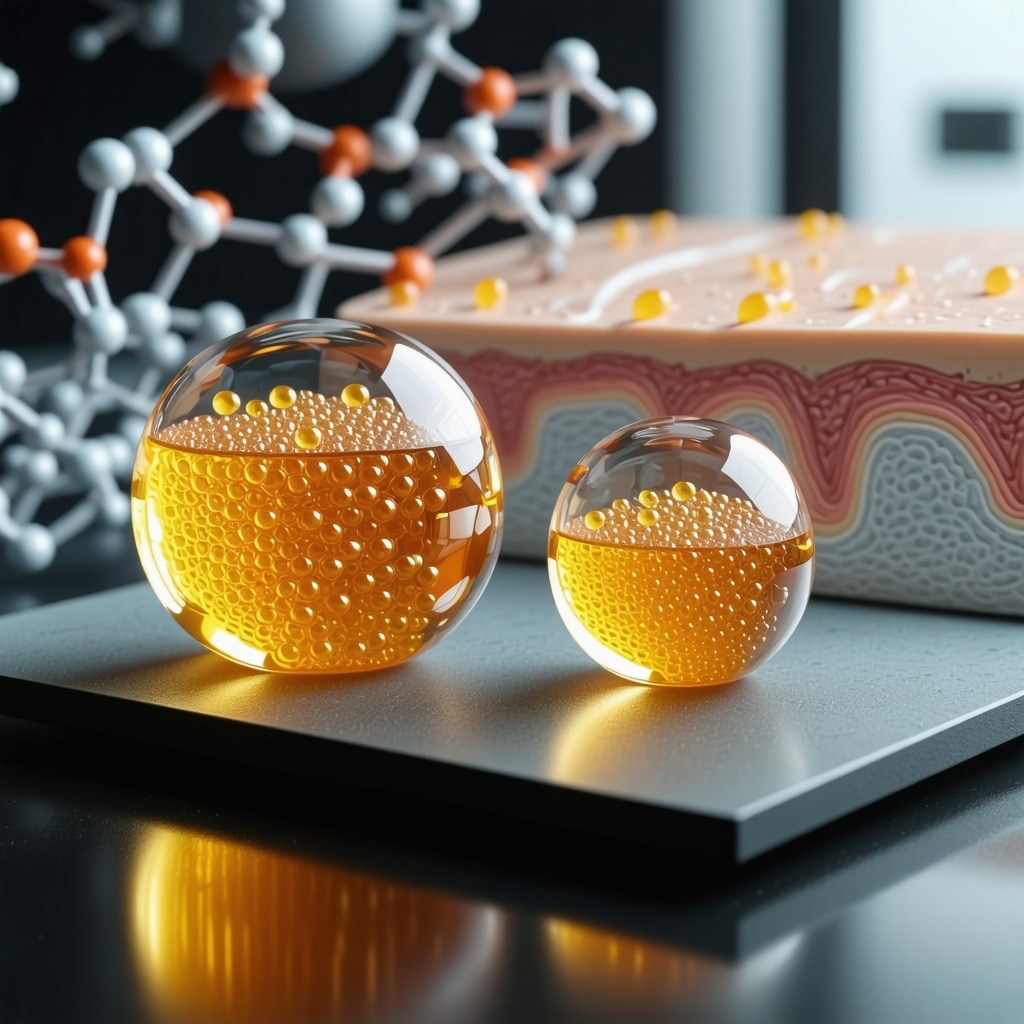 Illustration of encapsulated tallow nanoparticles and skin penetration in advanced skincare technology