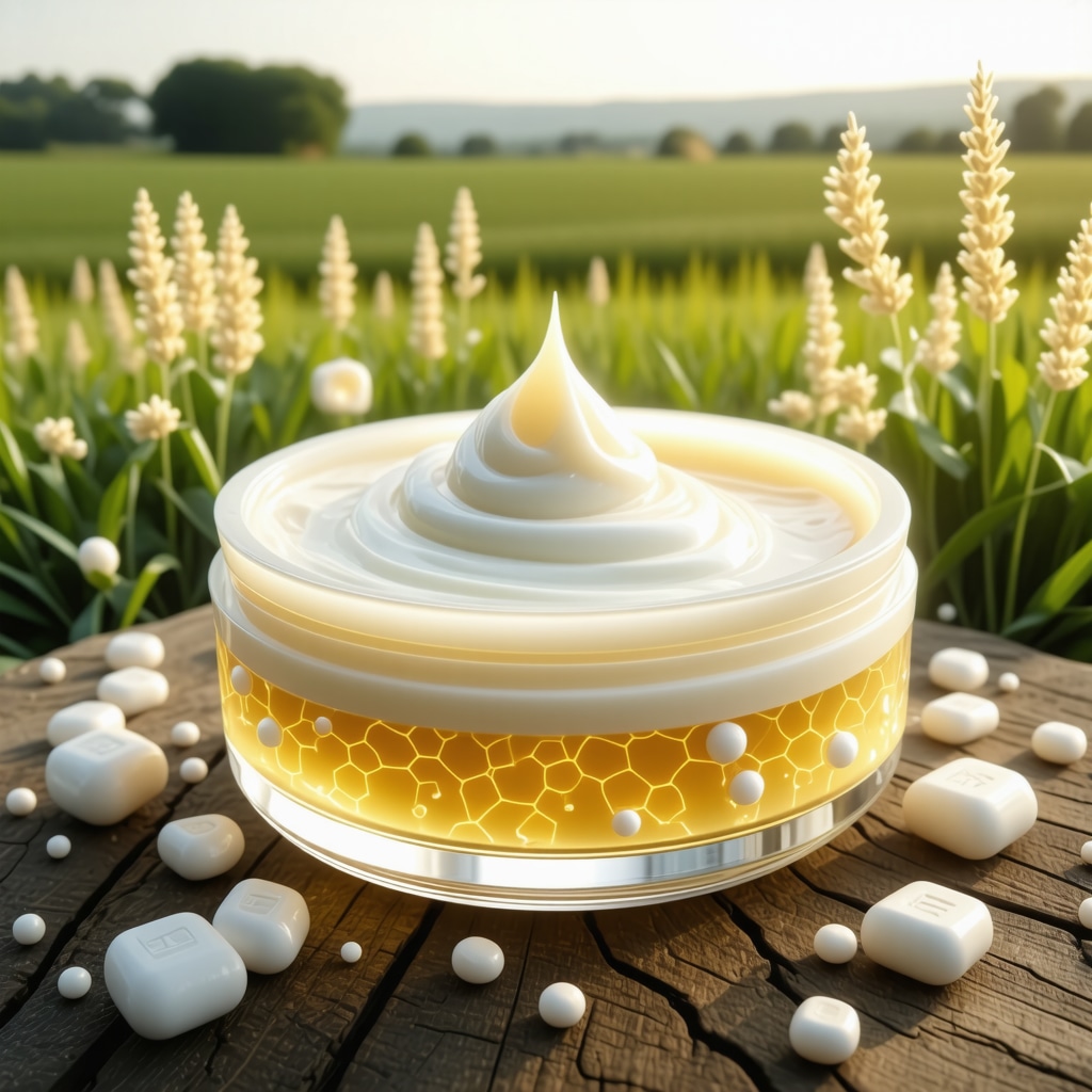 Visualization of grass-fed tallow cream encapsulated in nanocarriers showing lipid and antioxidant elements with ethical pasture background
