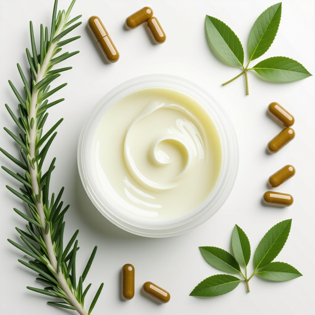 Jar of tallow cream with rosemary, vitamin E capsules, and green tea leaves representing antioxidant infusion