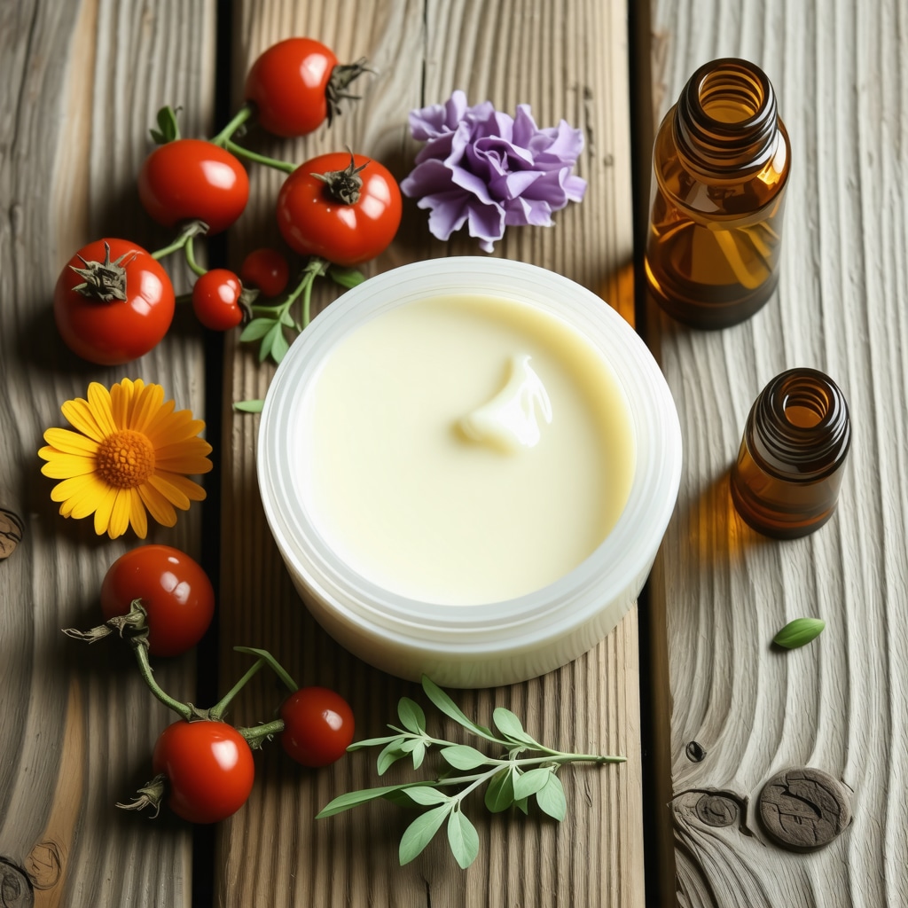 Jar of tallow cream with rosehip, calendula flowers, and essential oils on wooden background