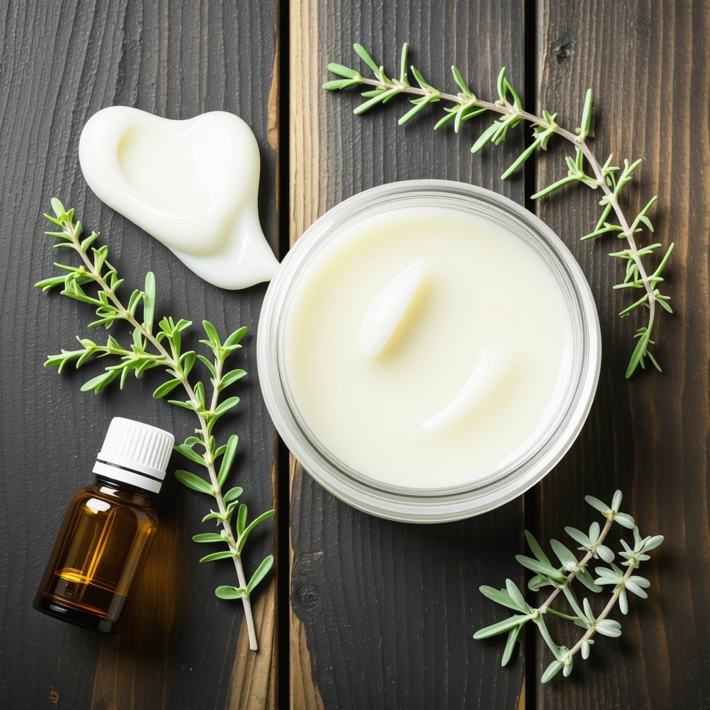 Jar of creamy tallow moisturizer surrounded by essential oils and fresh herbs on wooden surface