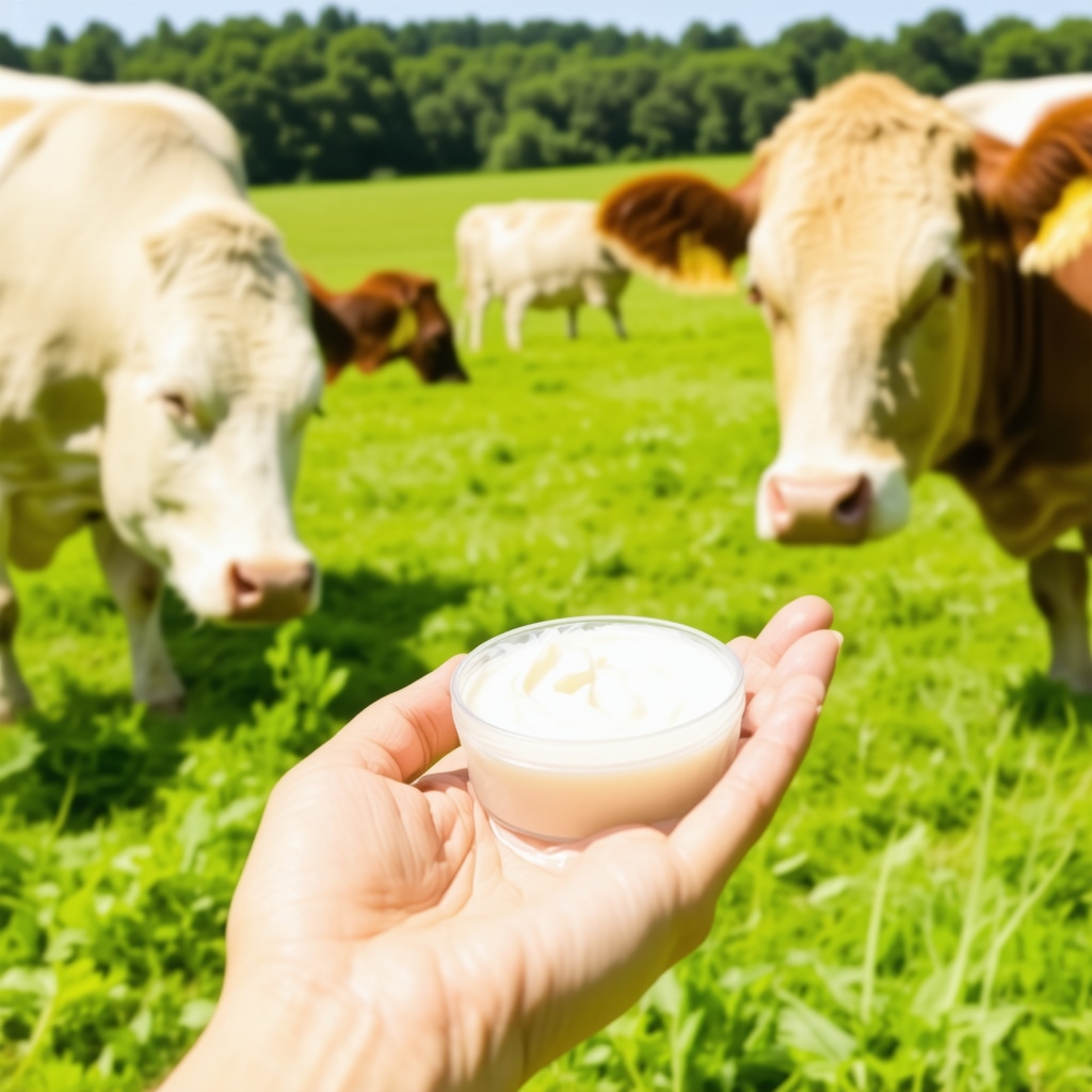 Close-up of organic beef tallow cream applied on hand with grass-fed cattle grazing in background representing sustainable sourcing