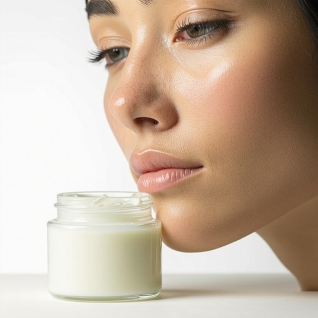 Close-up of skin microbiome with beneficial bacteria and organic beef tallow cream jar