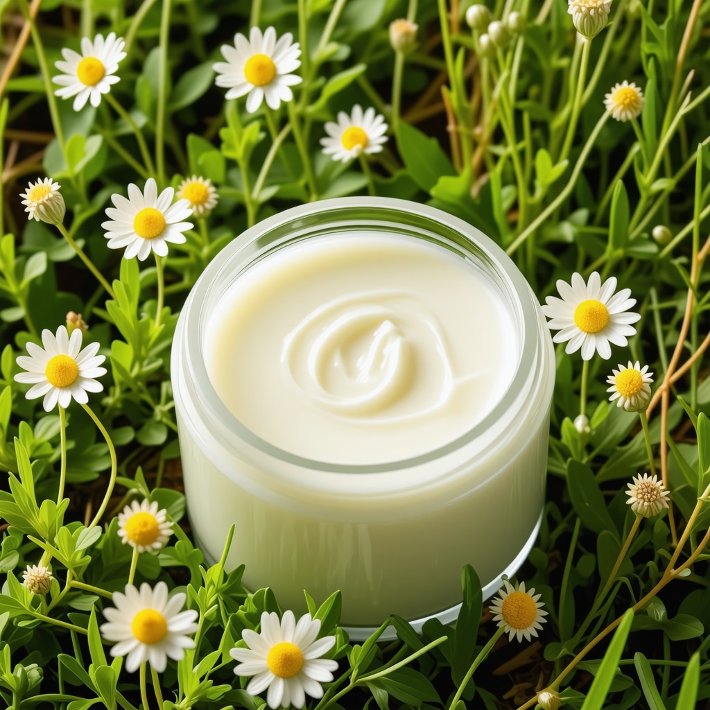 Jar of organic grass-fed beef tallow cream with green grass and wildflowers background representing sustainable skincare