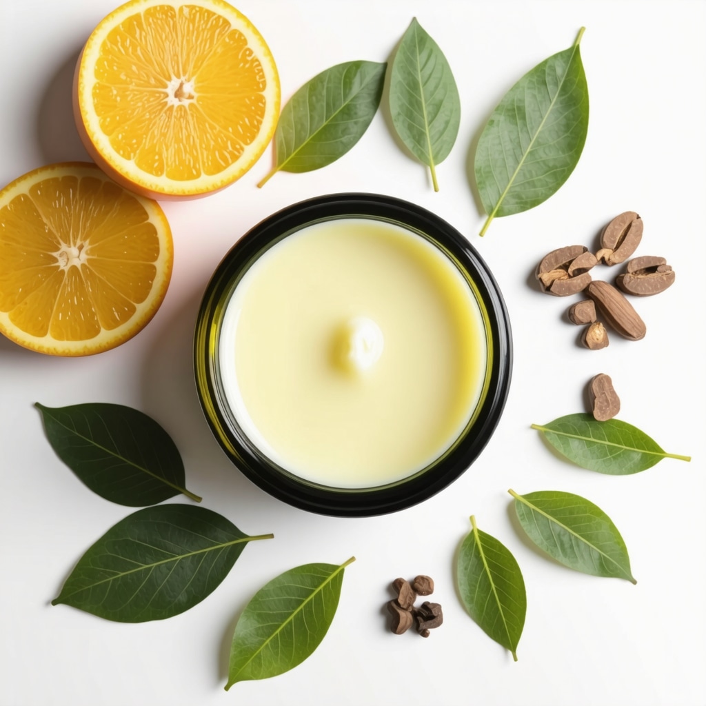 Jar of organic grass-fed tallow balm with green tea and vitamin C fruits symbolizing antioxidant synergy