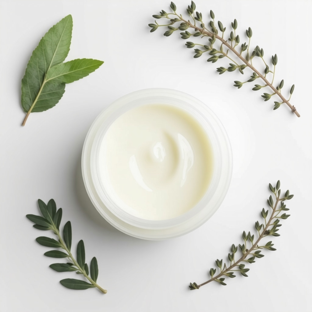 Jar of organic grass-fed tallow cream surrounded by natural botanical ingredients on a wooden surface