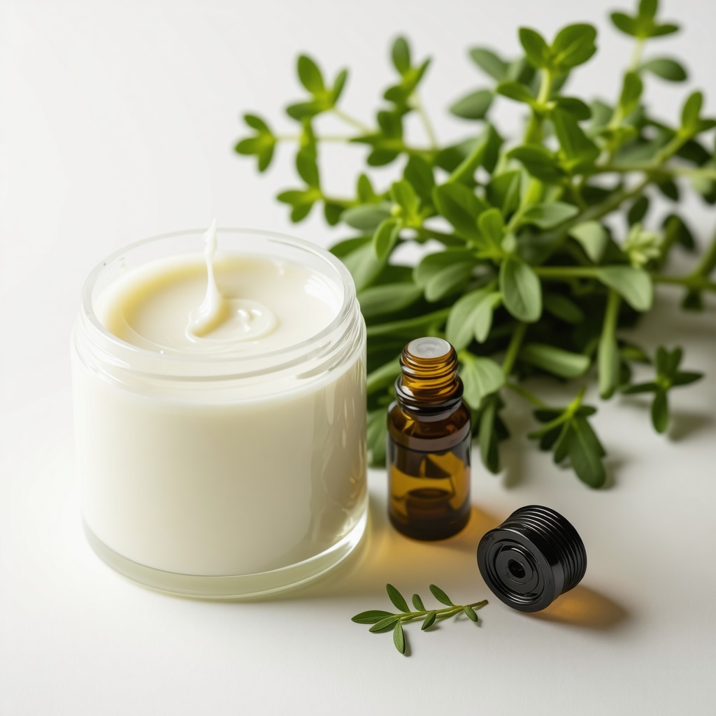 Jar of organic grass-fed tallow cream with herbs and essential oils on natural background