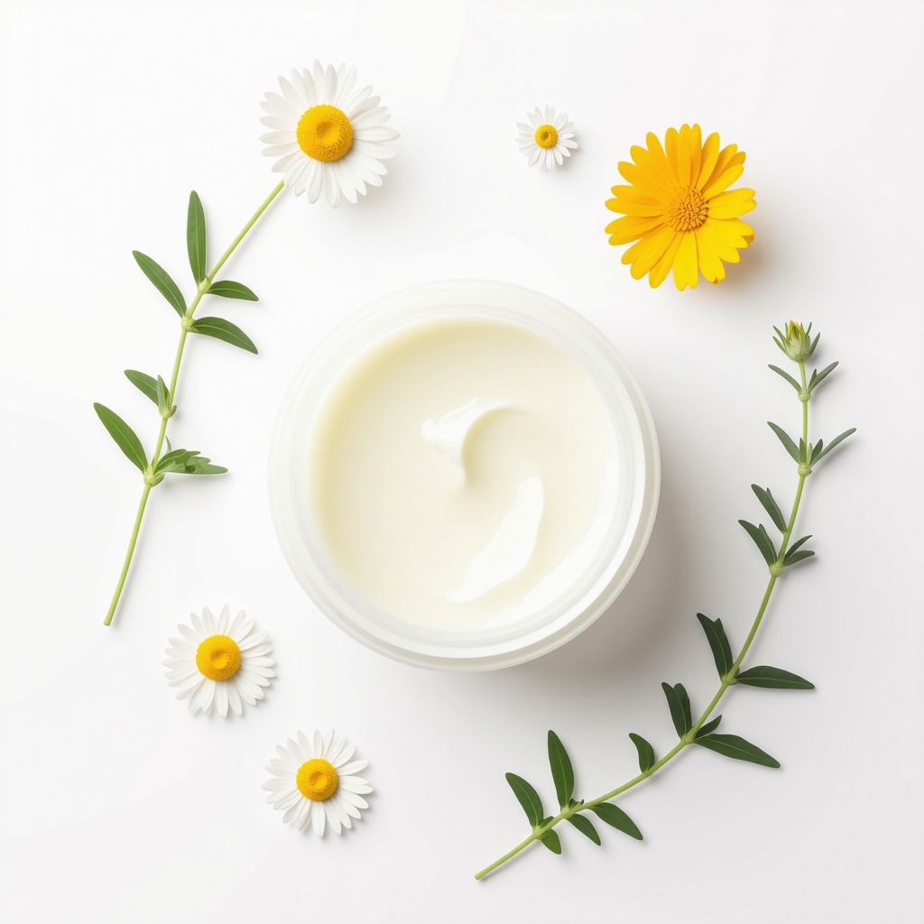 Jar of organic grass-fed tallow cream surrounded by chamomile and calendula flowers symbolizing safe pregnancy skincare