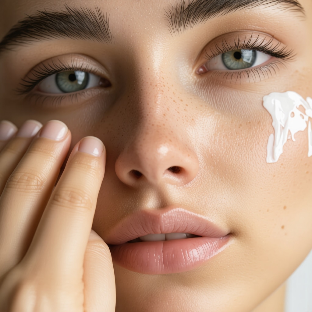 Close-up of hands applying organic tallow cream to sensitive facial skin, showing smooth texture and hydration