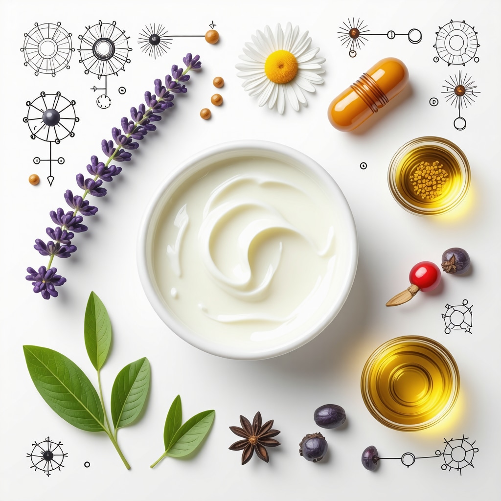 Organic tallow cream jar surrounded by lavender, chamomile, rosehip oil, with overlaid scientific illustrations of fatty acids and skin barrier