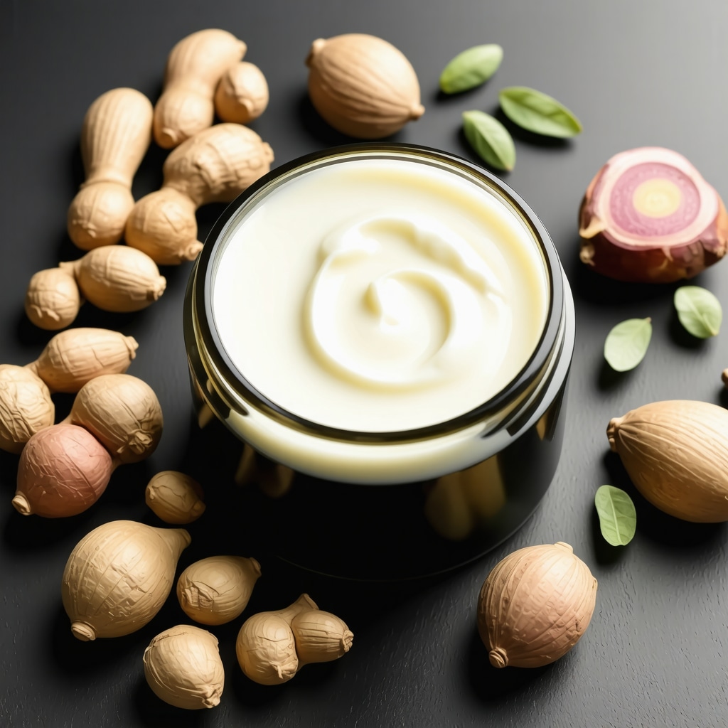 Jar of organic tallow cream with adaptogenic herbs in a natural spa environment