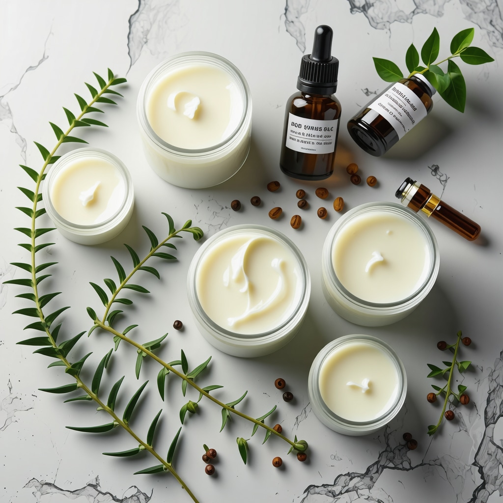 Jars of organic tallow cream surrounded by fresh botanicals and essential oils on a wooden table