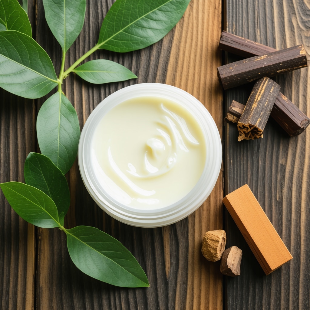 Jar of organic tallow cream surrounded by frankincense resin and green leaves on wood background