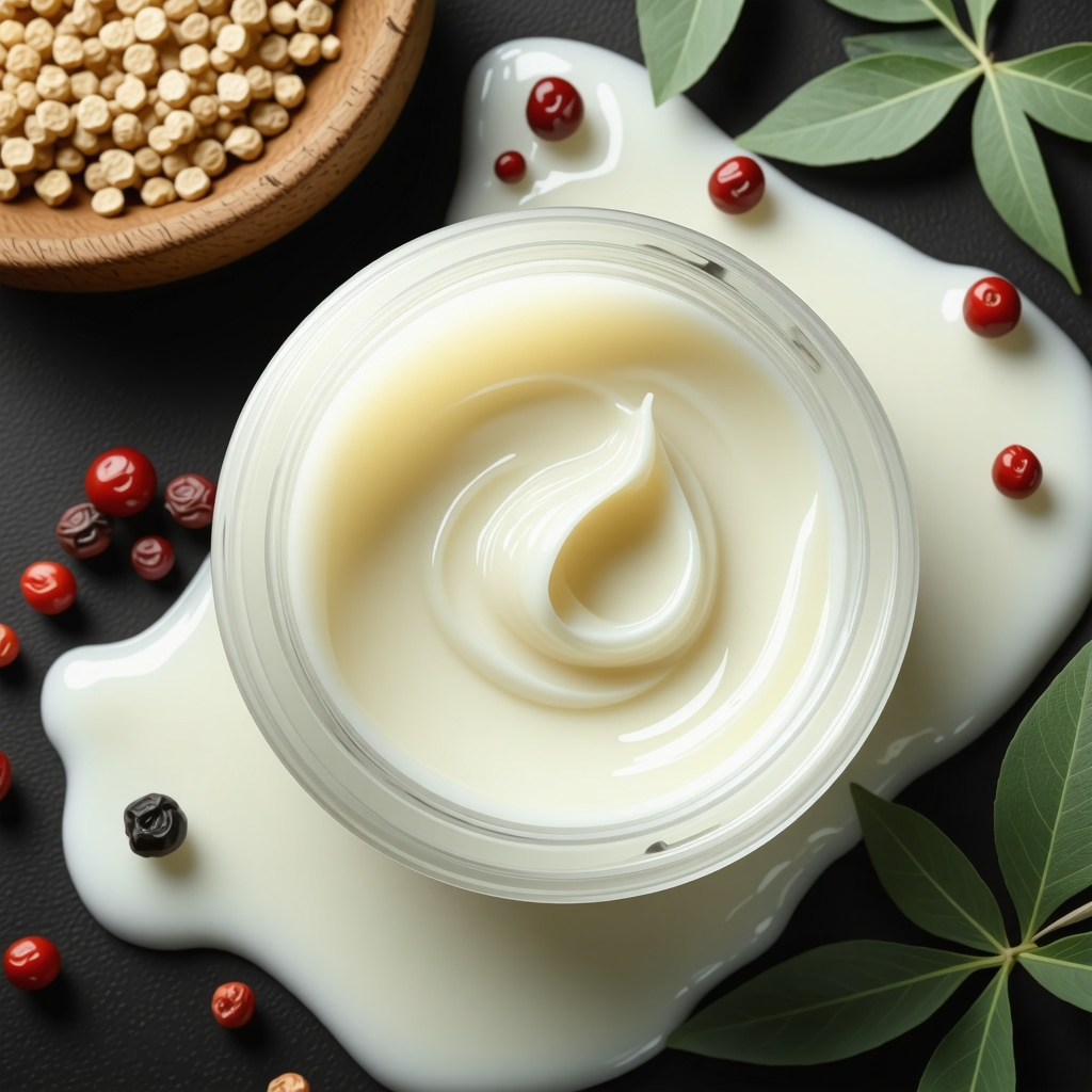 Close-up of organic tallow cream with visual representation of nano-emulsion particles and frankincense resin