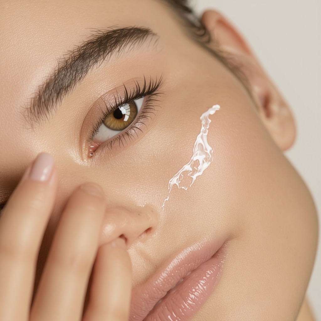 Applying organic tallow eye cream gently around sensitive eye skin