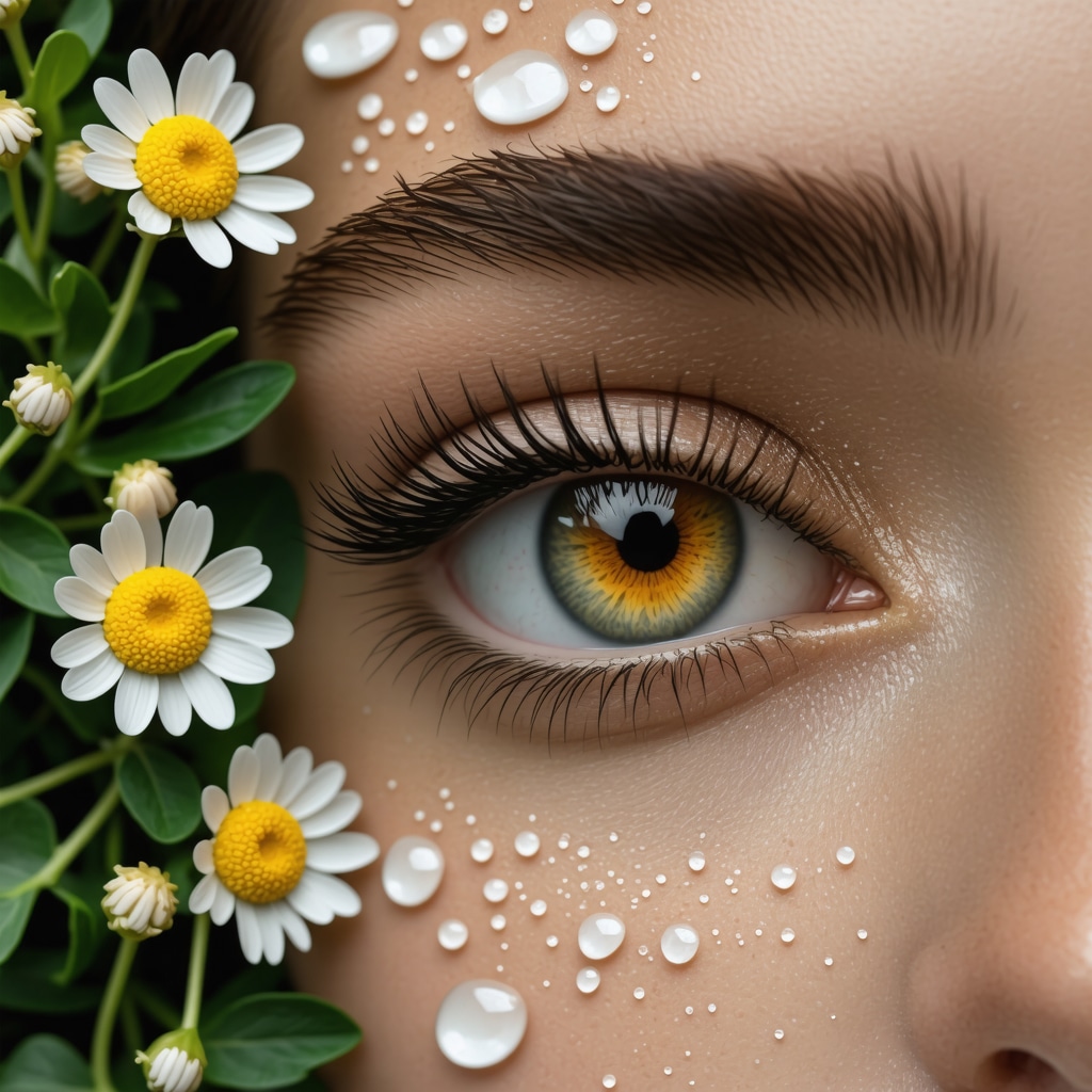 Delicate eye area with chamomile and green tea leaves and organic tallow cream droplets illustrating natural skincare synergy