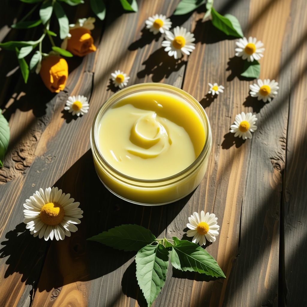 Creamy organic tallow salve blended with turmeric, chamomile, and green leaves on rustic wood