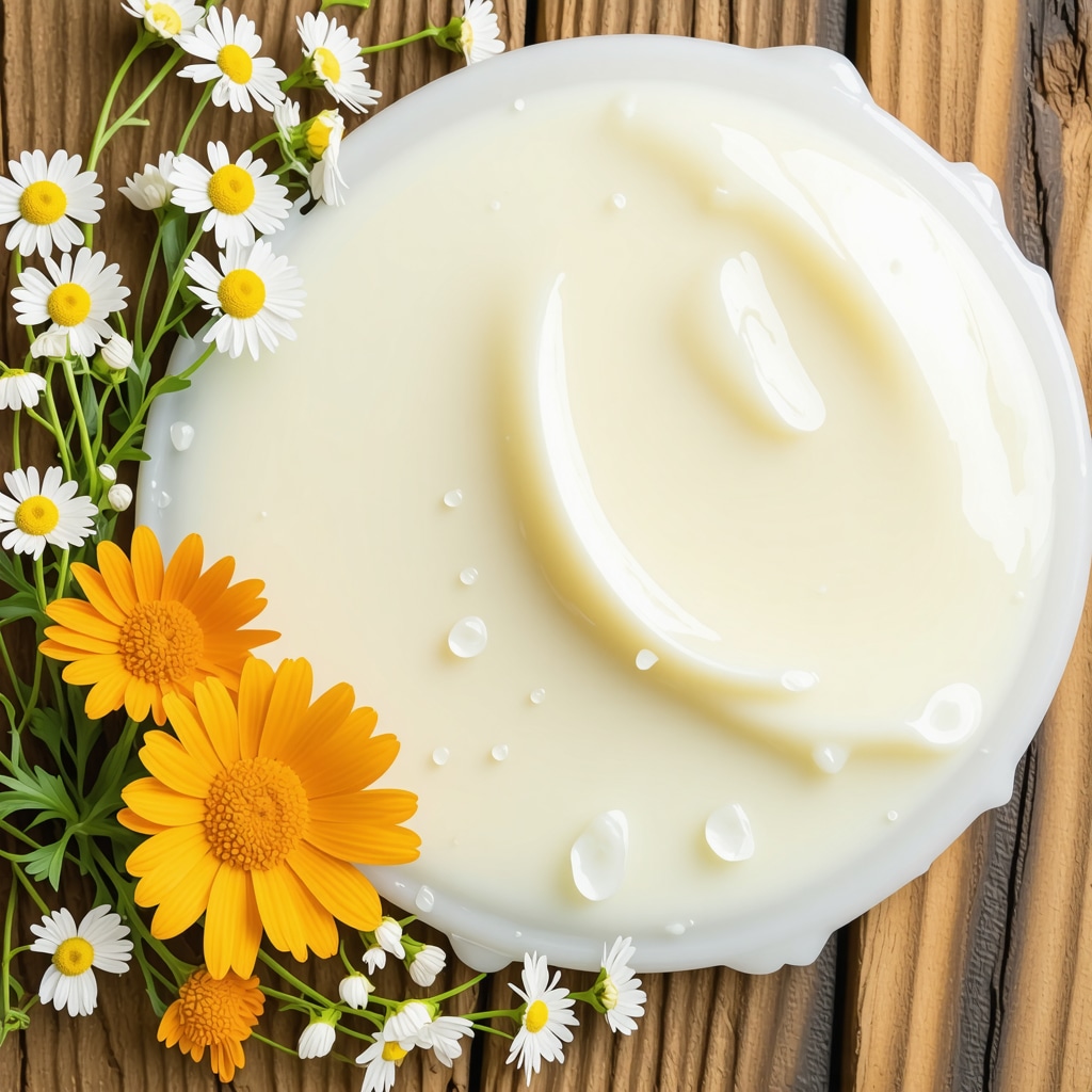 Creamy organic tallow with calendula and chamomile flowers and glycerin droplets for skincare formulation