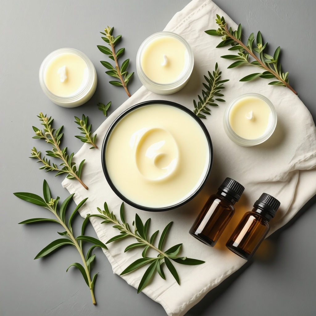 Organic tallow skincare products arranged with fresh herbs and essential oils on linen cloth