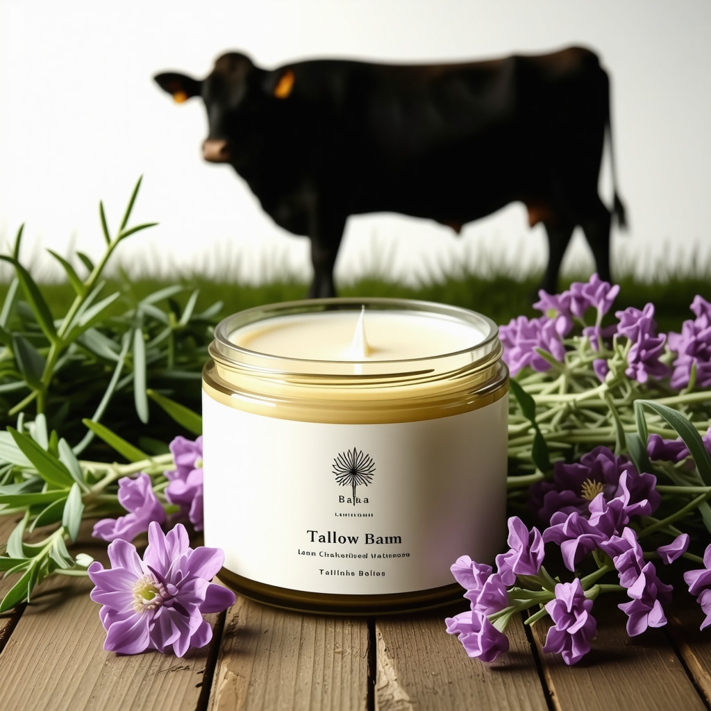 Jar of tallow balm with fresh herbs and grass-fed cattle silhouette representing natural purity and ethical skincare