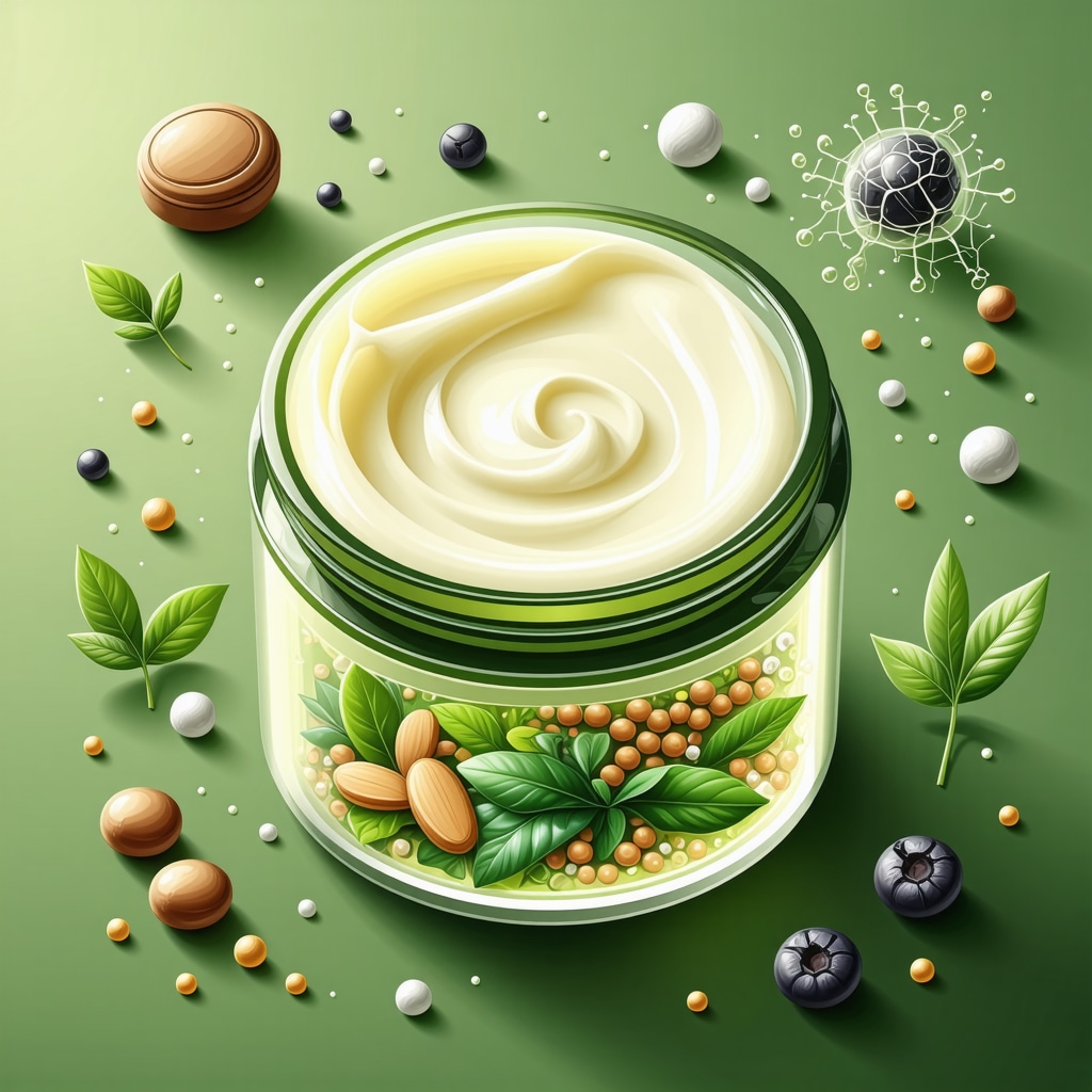 Cross-sectional scientific illustration showing encapsulated particles inside organic tallow cream and biodegradable active packaging film with antioxidants and antimicrobials around the container