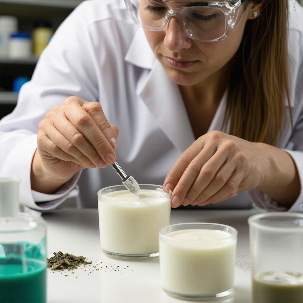 Scientist mixing grass-fed tallow cream and phytochemical extracts in laboratory